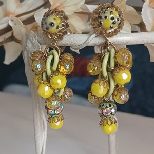 Vintage 1950s Yellow Cluster Clip-On Earrings |  Chain Link Dangle | Retro